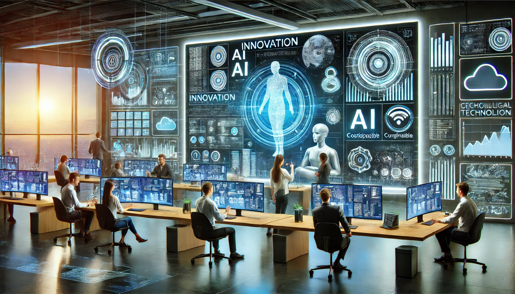 Entorno de trabajo futurista donde la innovación y las herramientas avanzadas de inteligencia artificial transforman la colaboración y productividad.