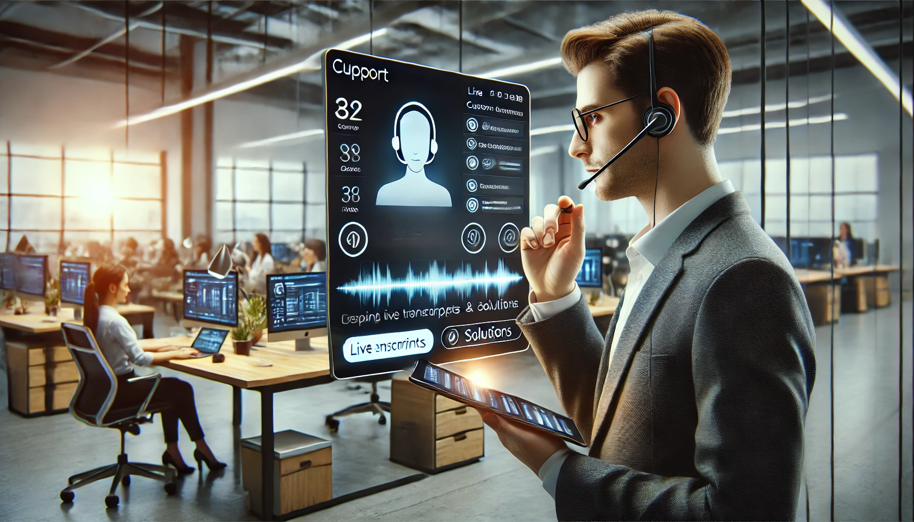 Técnico de soporte utilizando una app de voz en tiempo real para atender consultas y mejorar la experiencia del cliente.