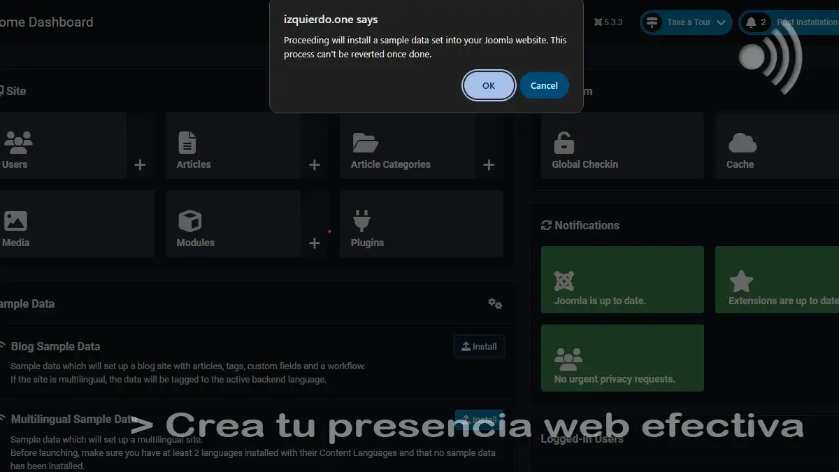 Confirmar instalación de ejemplo Joomla! Confirmar instalación de ejemplo Joomla!